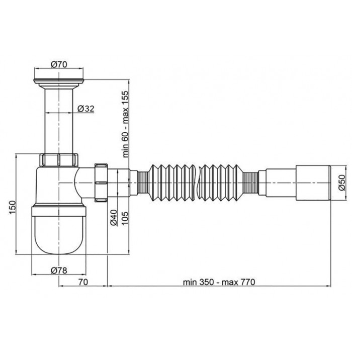 Сифон для умивальника PLM 1 1/4"x40 з випуском 40x40/50 PM 40 SF 10 02