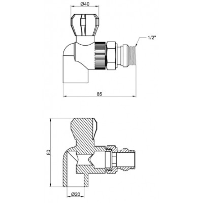 Кран радиаторный угловой Thermo Alliance 20х1/2" (латунный шар)