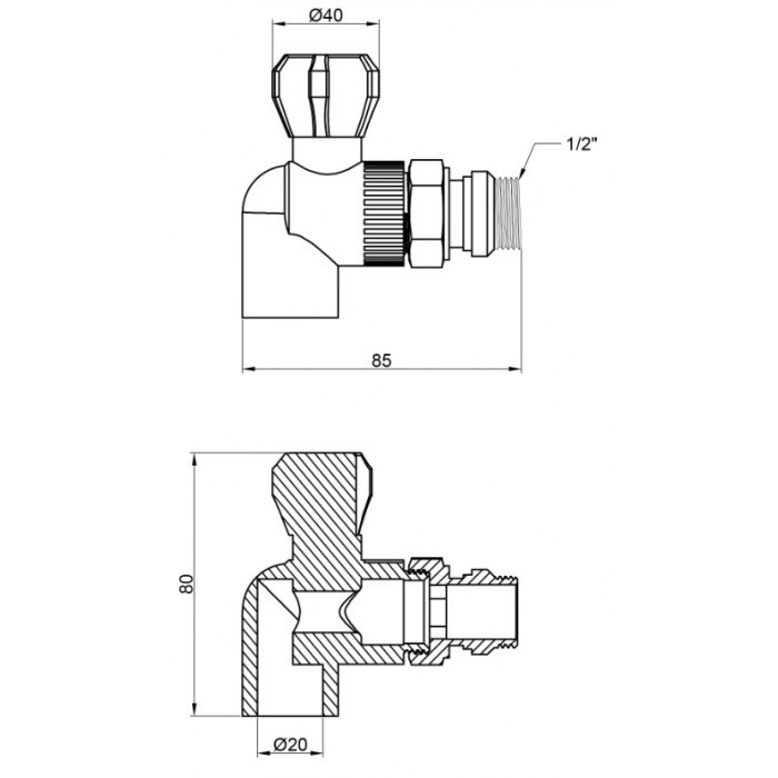 Кран радиаторный угловой Thermo Alliance 20х1/2" (латунный шар) Кран радиаторный угловой Thermo Alliance 20х1/2" (латунный шар)