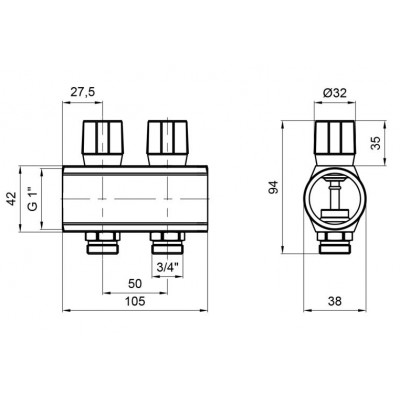 Коллектор распределительный с вентилями ICMA № 1105 1"х2 выхода (Красный)